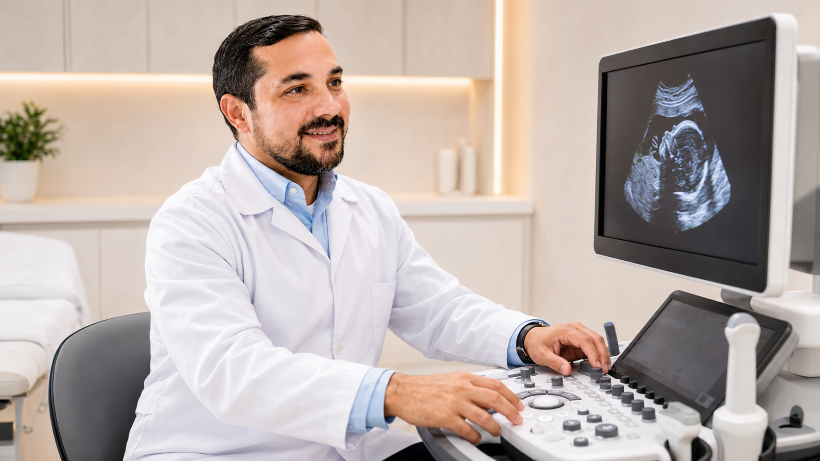 Dr. José Airton operando o equipamento de ultrassonografia em ambiente clínico